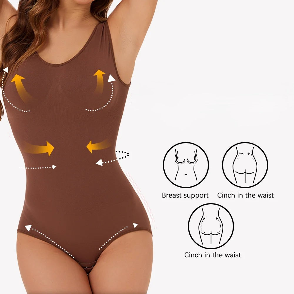 Body sculptant sans couture, manches longues, contrôle du ventre, col rond, avec ouverture pratique à l’entrejambe.